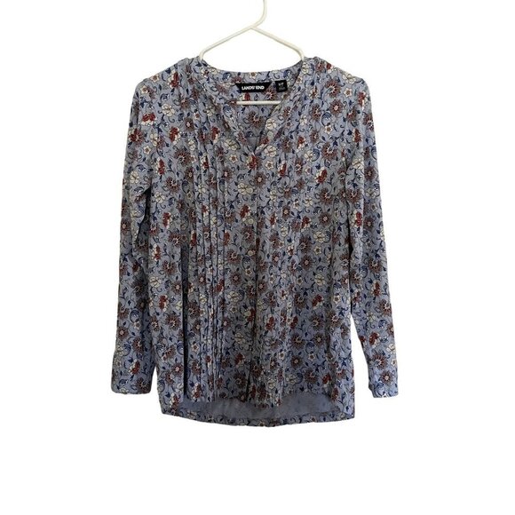 Lands' End Tops - Lands' End blue white red blouse long sleeves v-neck buttons casual top shirt